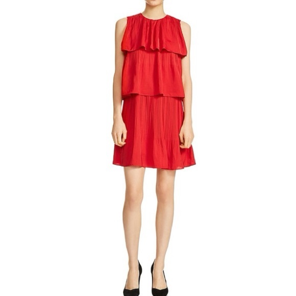Maje Rockano Tiered Pleated Dress in Red